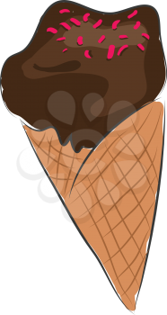 Vector illustration of an ice cream cone with chokolate ice cream and pink sprinkles white background 