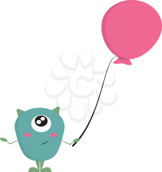Light blue one-eyed smiling monster with green horns holding a pink balloon  vector illustration on white background 