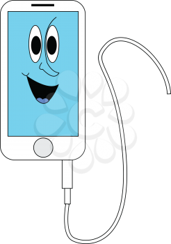 White and blue smiling iphone with white cord  vector illustration on white background 