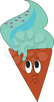 Sad blue cone ice cream vector illustration on white background 