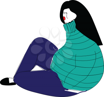 Girl with black hair and big blue sweater vector ilustration on white background 