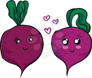 Two cute purple beets in love vector illustration on white background 