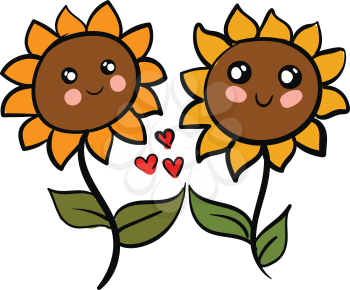 Two cute sunflowers in love vector illustration on white background 