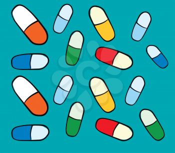 Texture of colorfull pills on blue background and white frame vector illustration 