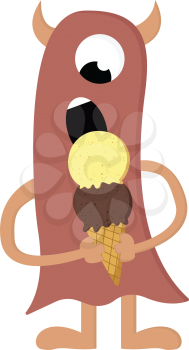 Tall brown monster eating cone ice cream vector illustration on white background 