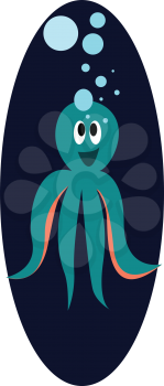Blue happy octopus inside deep blue elipse vector illustration on white background 