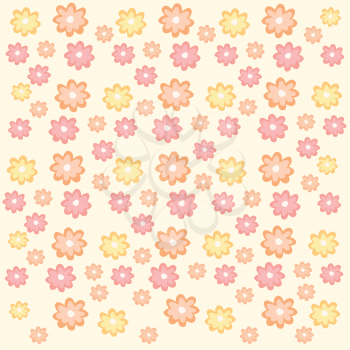 Texture of yellow orange and pink flowers on pale background and white frame 