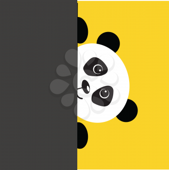 Cute black and white panda peeking behind a grey wall vector illustration on white background 