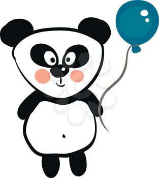 Cute black and white panda holding a blue balloon vector illustration on white background 