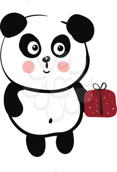 Cute black and white panda holding a red gift vector illustration on white background 