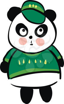 Cute black and white panda dressed in green sweater and green cap vector illustration on white background 