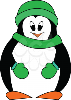 Smiling penguine with green hat scarf and mittens vector illustration on white background 