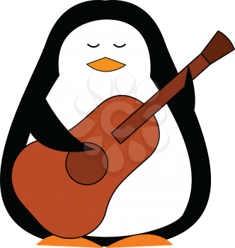 Black and white penguine holding a brown guitar vector illustration on white background 