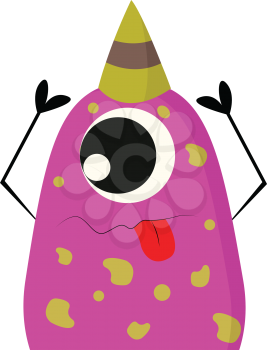 Pink and yellow one-eyed party monster with a party hat and toung out vector illustration on white background 