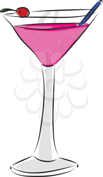 Pink cocktail with a red cherry and blue stearing spoon vector illustration on white background 