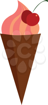 Pink ice creame in cone with red cherry on top vector illustration on white background 