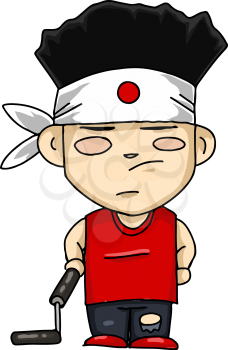 Figurine of a Japanese with head scarf is holding a nunchuk in hand vector color drawing or illustration 