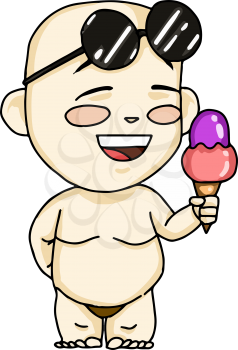 A cool Asian baby with sunglasses and ice cream in hand is enjoying summer vector color drawing or illustration 