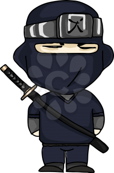 A cartoon of Japanese or Chinese ninja warrior with sword in back vector color drawing or illustration 