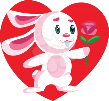 Pink bunny holding a dark pink rose vector illustration in red heart on white background.