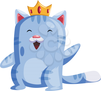Light blue cat with a golden crown smiling and wavingvector illustration on white background.