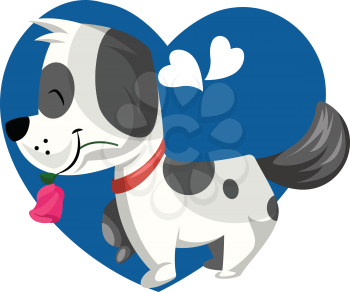 Black and white dog holding a pink rose in his mouth vector illustration in blue heart on white background.