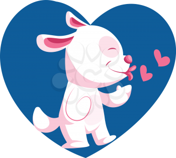 Light pink dog throwing kisses vector illustration in blue heart on white background.