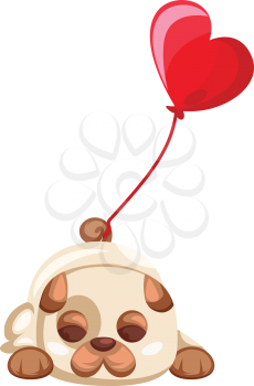 Brown and white puppy laying with a big red balloon tied on his tail vector illistration on white background.