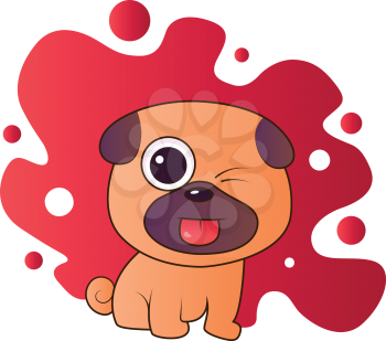 Brown and purple puppy sticking out his tounge vector illistration in red blob on white background.