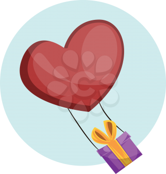 Purple gift box with yellow ribbon tied on a heart shaped red balloon vector illustrtation in light blue circle on white background.
