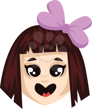Vector illustration of a smiling girl with brown hair and violet hair bow white background.