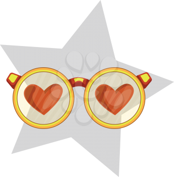 Golden eye glasses with red hearts in a light grey star vector illustration on white background.