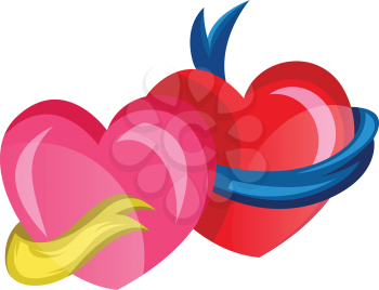 A pink heart with a yellow ribbon and a red star with a blue ribbon vector illustration on white background.