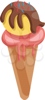 Icecream cone with a pale red scoop and a yellow scoop with chocolate and red and blue sprinkels on top vector illustration on white background.