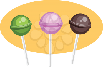 A green a violet and a brown lollipop vector illustration in yellow oval on white background.