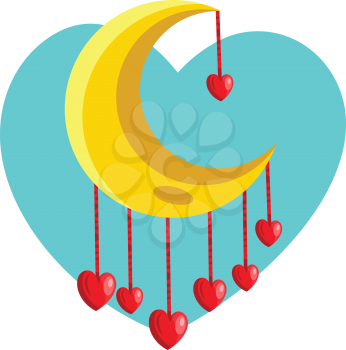 Red hearts hanging from yellow new moon vector illustration in a tourqoise heart on white background.