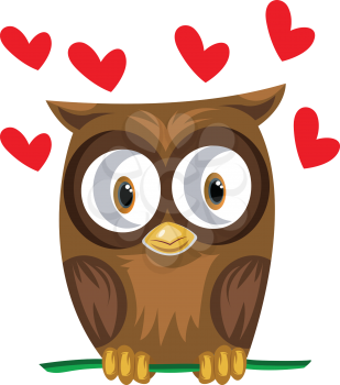 Brown owl in a green branch with red hearts vector illustration on white background.