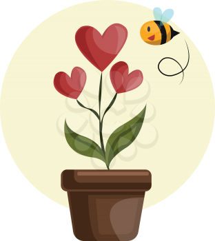House plant with hearts in stead of flowers grren leafs and flying bee vector illustration on white background.