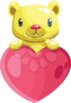 Cute yellow bear holding a big pink heart vector illustration on white background.