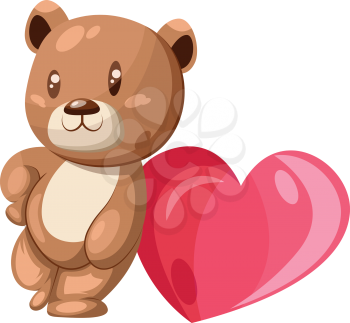 Brown and white bear leaning on a big pink heart vector illustration on white background.