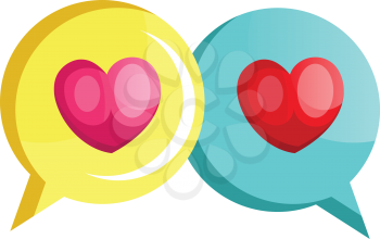 Yellow chat bubble with a pink heart and blue chat bubble with a red heart vector illustration on white background.