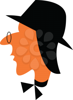 Side face of a man with black hat bow tie and round eye glasses vector color drawing or illustration 