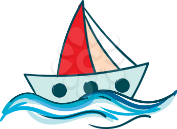 Drawing of a sailboat with red sail floating in the blue water vector color drawing or illustration 