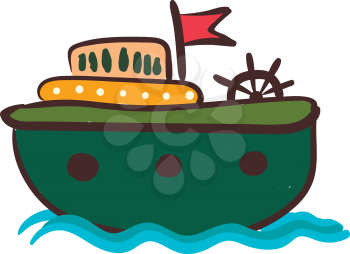 A colorful round shaped vessel with red flag and ship's wheel vector color drawing or illustration 