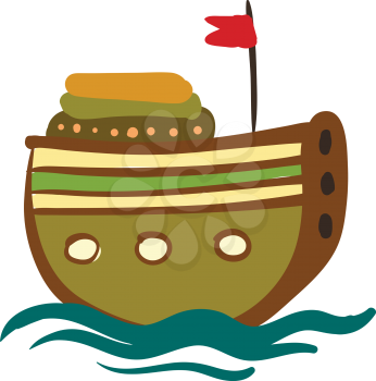 A wooden round ship with red flag is floating on the water vector color drawing or illustration 