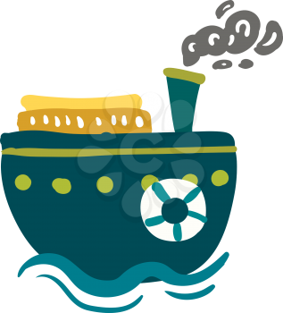 A blue steam ship with life preserver is sailing in the blue water vector color drawing or illustration 