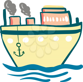 A light yellow steam ship with its anchors down vector color drawing or illustration 