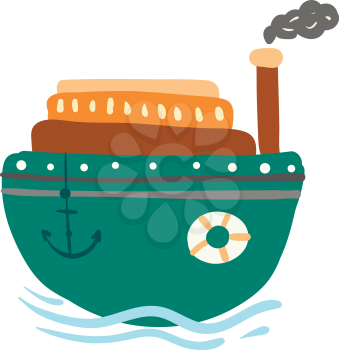 Green steam ship with anchor and life preserver vector color drawing or illustration 