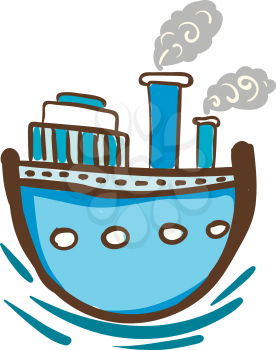 Blue steam ship with windows is floating on the blue water vector color drawing or illustration 