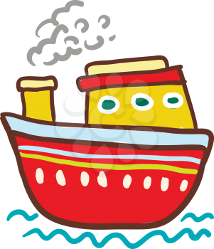 Red and yellow colorful decorated steam ship boat vector color drawing or illustration 